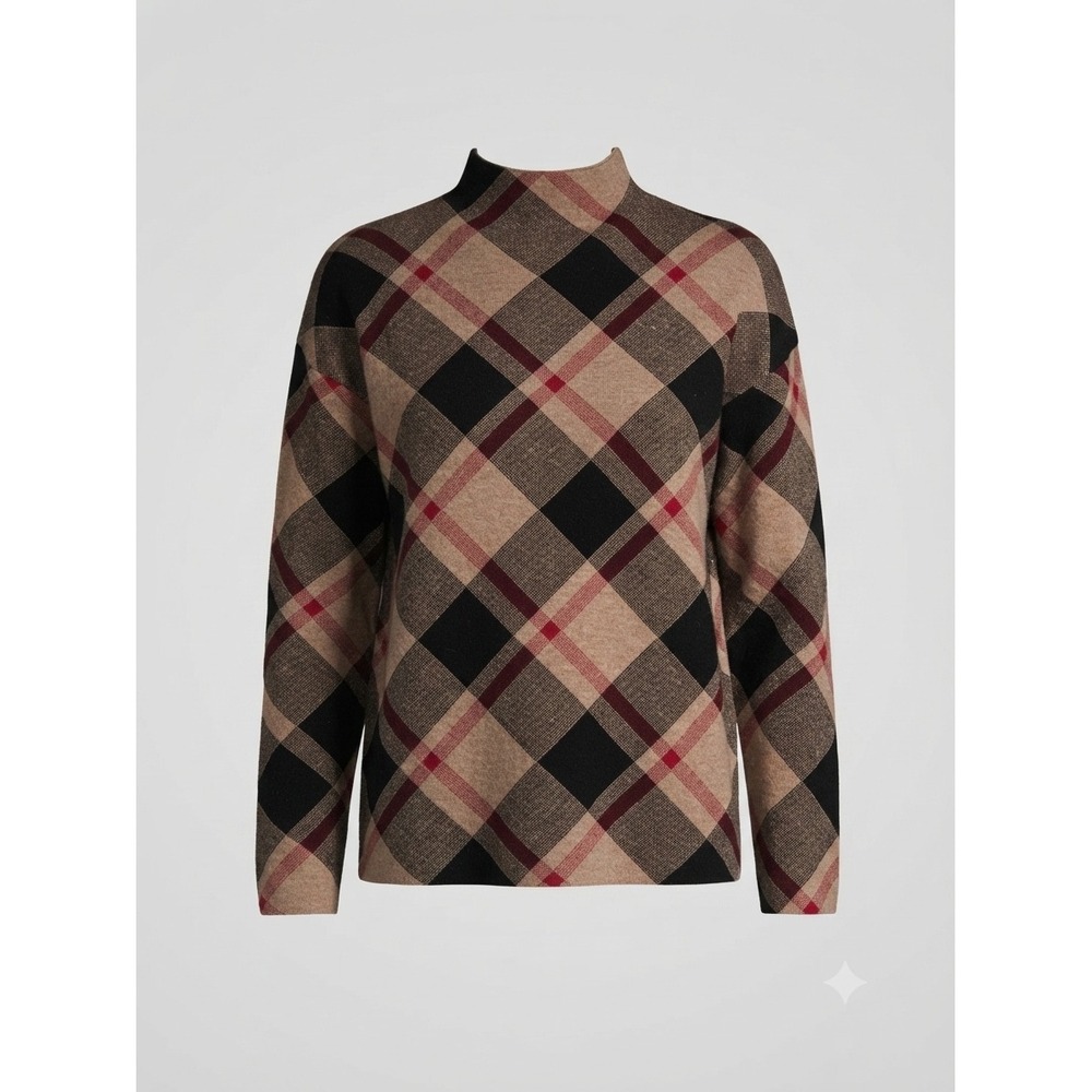 Rachel Zoe Womens XL Plaid Mock Neck Sweater Tan Black Red Check Knit Top